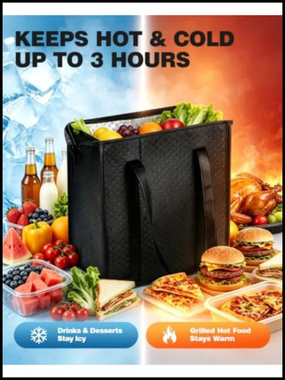 Insulated Cooler Bags 18L 3-Pack Reusable Grocery Tote with Zipper